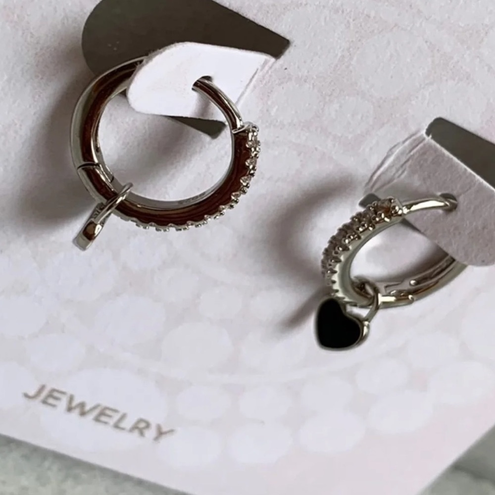 Silver Crystal Paved Heart Love Hoop Earrings - Picture 2 of 4